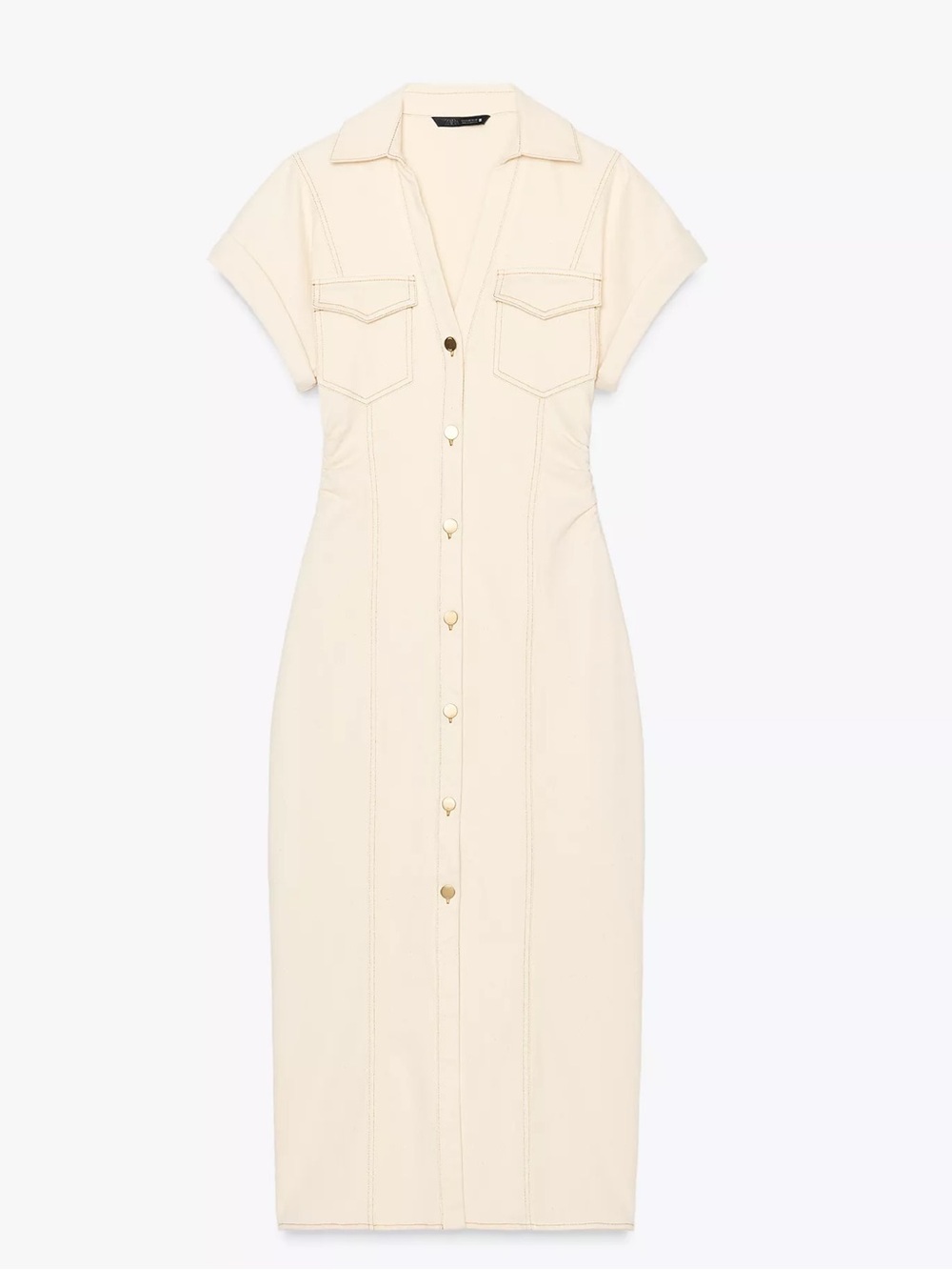 Zara Cream Button-Front Midi Denim Dress NEW